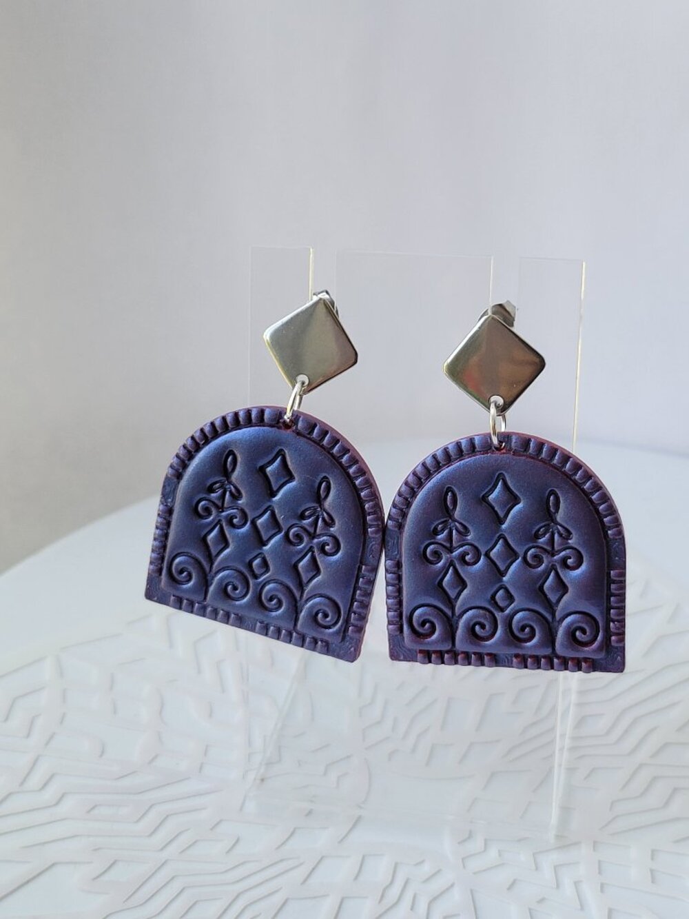 Handmade Purple Folk Art Polymer Clay Statement Earrings